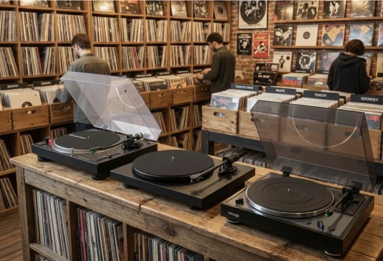 Disquaire écoutant un disque, illustration de notre guide de la meilleure platine vinyle 2026 sur Amazon