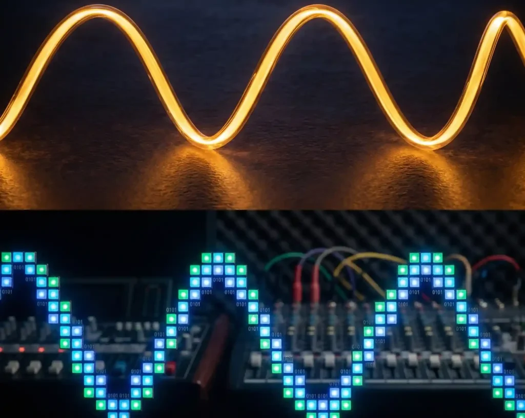 Illustration comparant une onde sonore analogique fluide (haut) à sa conversion numérique pixelisée (bas), représentant la différence de signal entre une source Vinyle et Bluetooth.