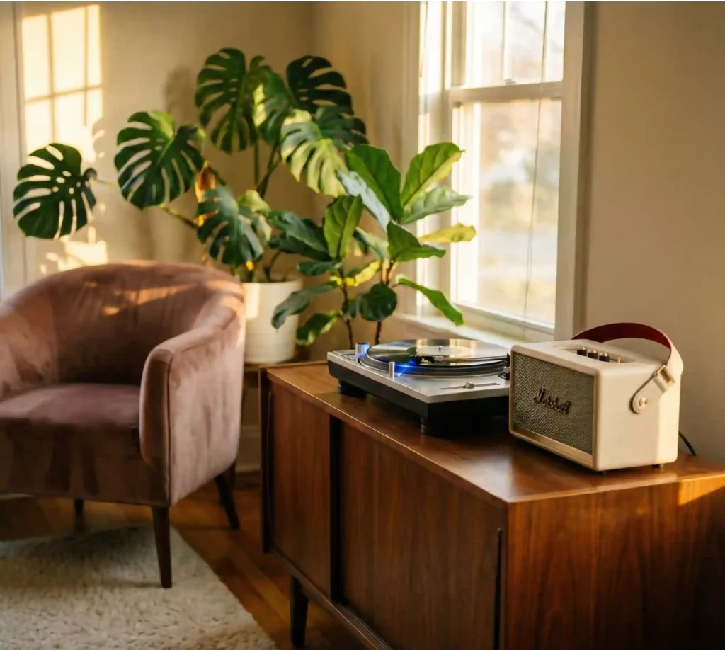 Écoute sur platine connectée à une enceinte Marshall Stanmore, illustrant l'association Vinyle et Bluetooth dans un salon lumineux.