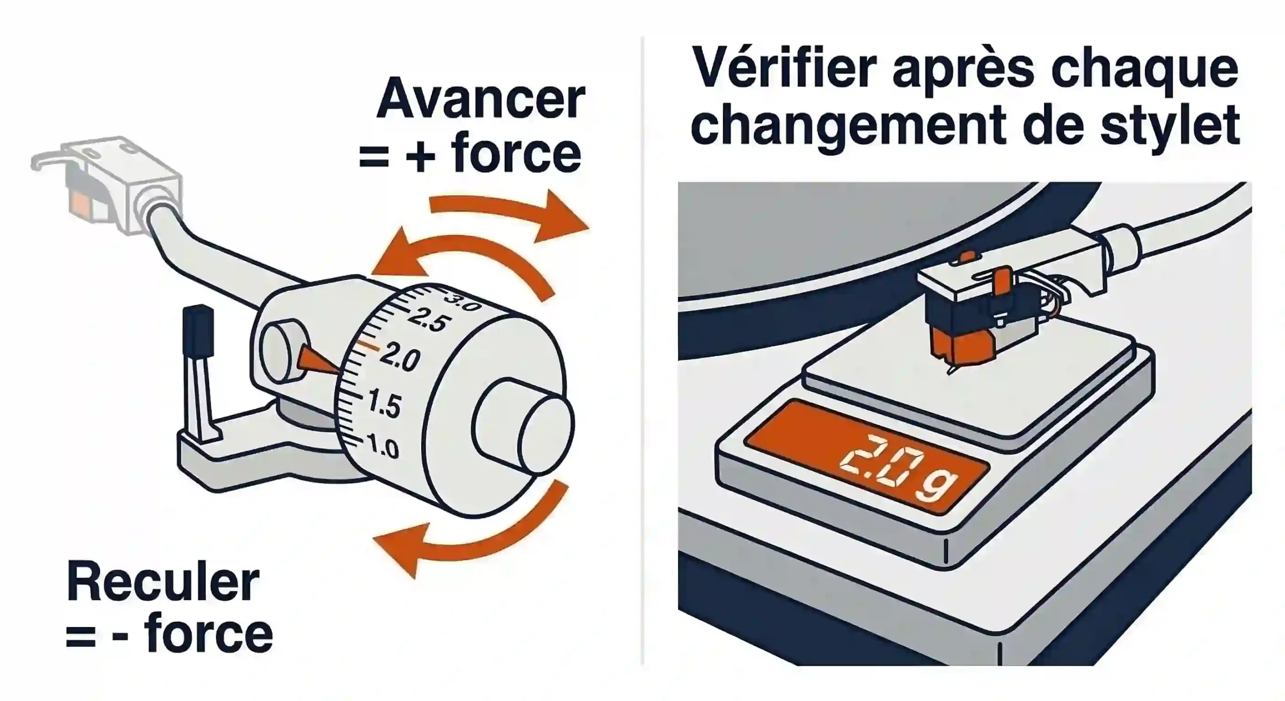 Schéma étape 4 : régler la force d'appui VTF avec le contrepoids et vérifier avec une balance de précision