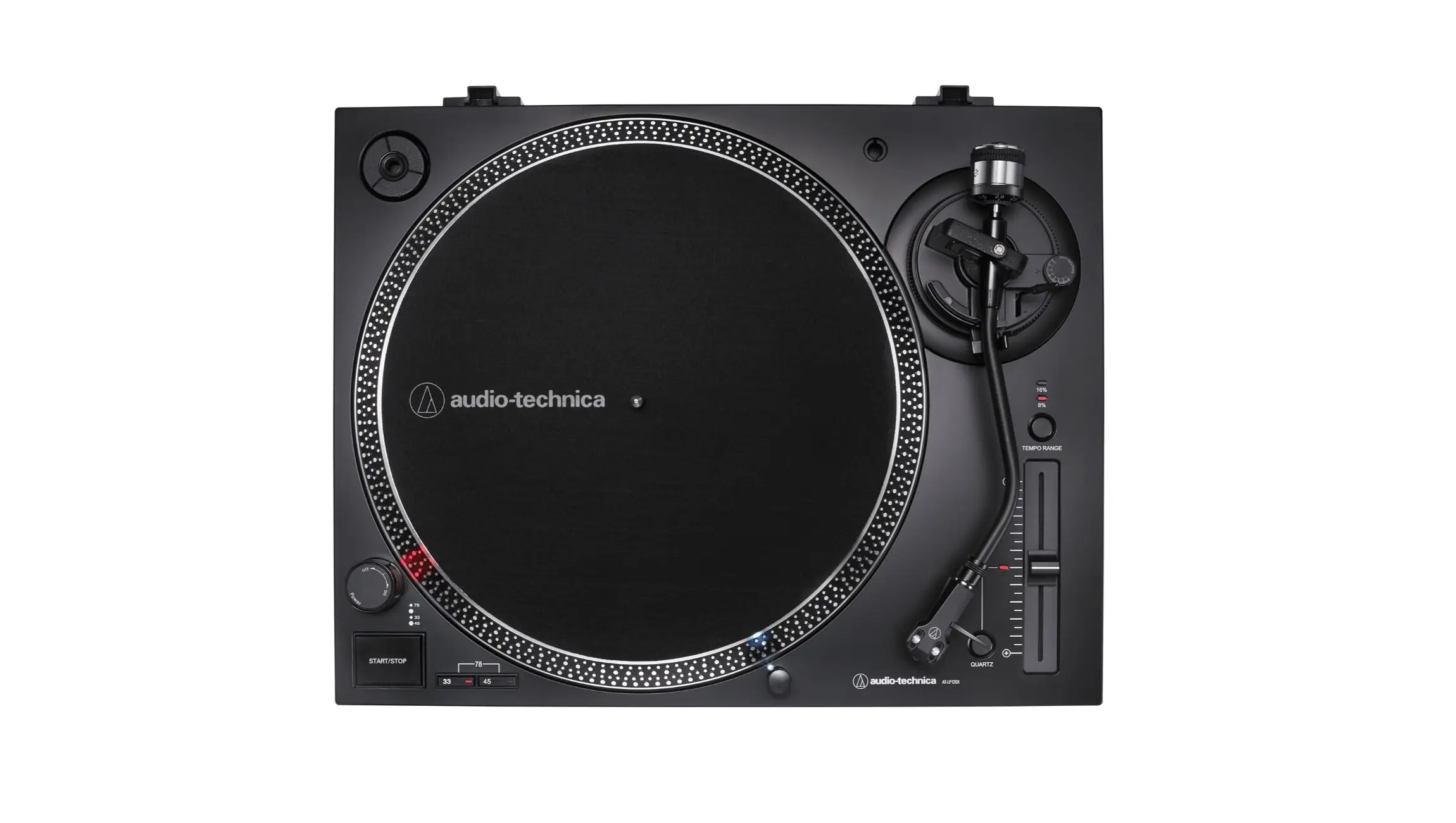 Audio-Technica AT-LP120X-USB vue de dessus avec plateau aluminium moulé, tapis feutrine et commandes pitch