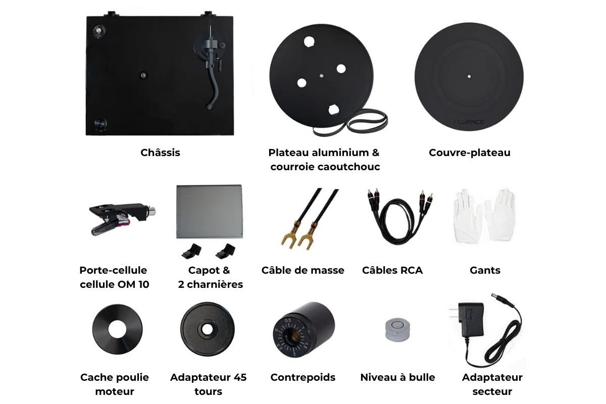 Contenu complet de la boîte Fluance RT82 : platine, plateau, contrepoids, capot, câbles RCA et accessoires