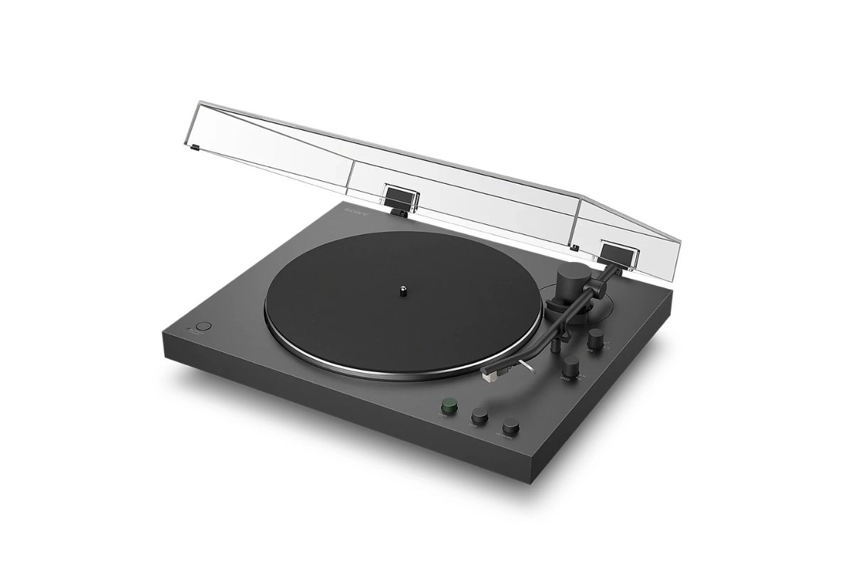 Sony PS-LX3BT vue de trois-quarts montrant le design gris foncé et l'effet floating body