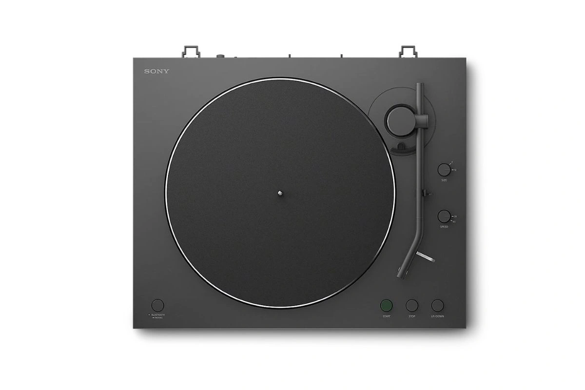 Sony PS-LX3BT vue de dessus montrant le plateau aluminium 296 mm et le bras de lecture droit
