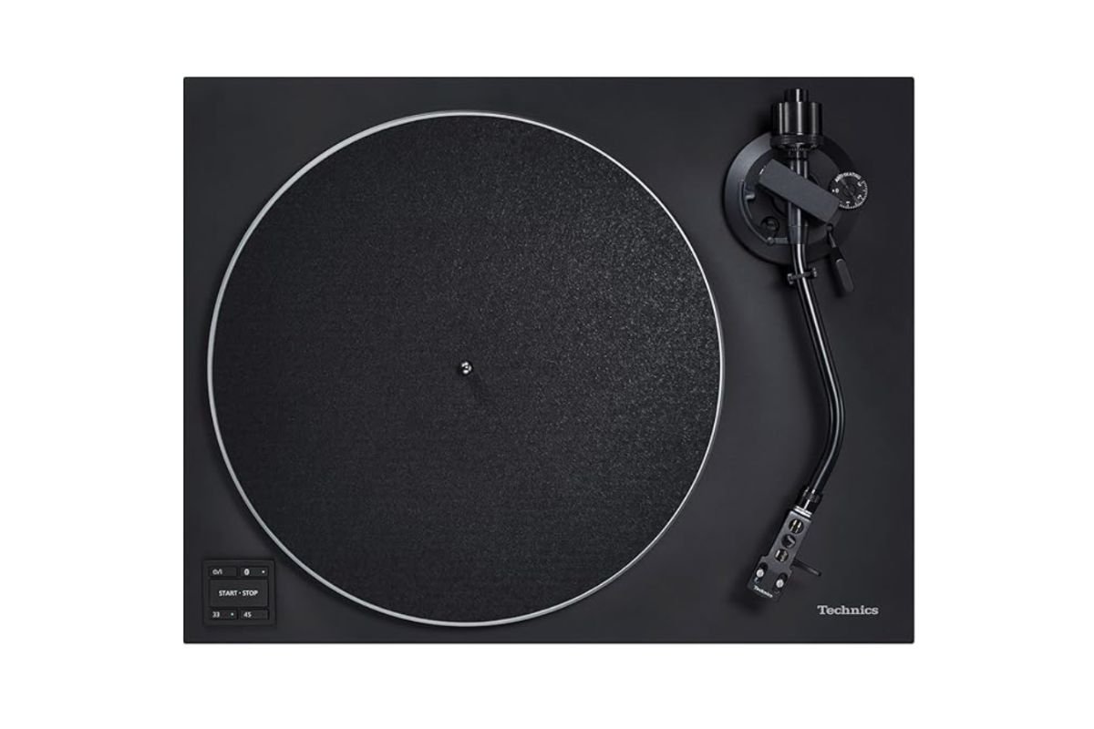 Technics SL-40CBT vue de dessus avec plateau aluminium et bras de lecture en S finition noir charcoal
