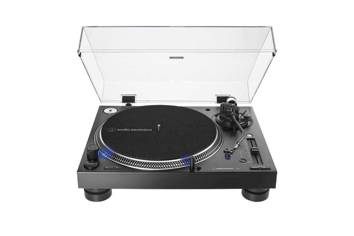 Audio-Technica AT-LP140XP vue de face — platine DJ entraînement direct entrée de gamme professionnelle avec bras en S et plateau aluminium