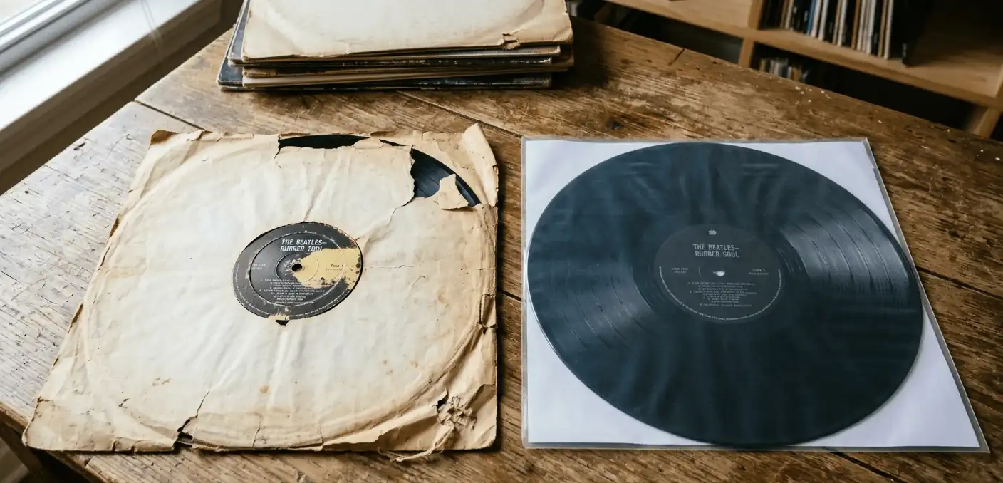 Comparaison entre une vieille pochette intérieure en papier jauni et déchirée et une pochette antistatique neuve protégeant un vinyle Beatles Rubber Soul