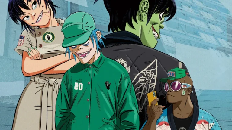 Les 4 personnages animés de Gorillaz : Noodle, 2D, Murdoc et Russel