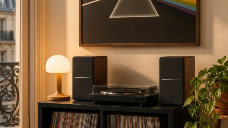 Coin vinyle warm chaleureux complet avec étagère 4 compartiments noire VDD, platine Audio-Technica AT-LP60XBT, paire d'enceintes Edifier R1280T finition bois, lampe d'appoint LED bois clair, poster Pink Floyd au mur et pothos retombant en pot terracotta