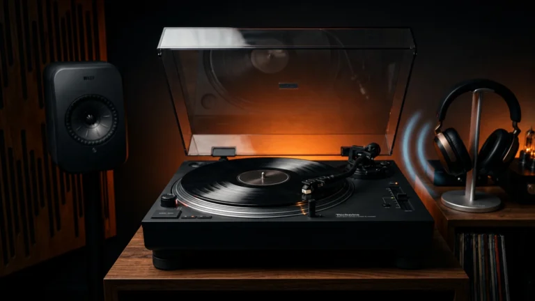 Comparatif meilleure platine vinyle Bluetooth 2026 : platine direct drive noir mat avec capot anti-poussière ouvert et vinyle sur le plateau, encadrée d'une enceinte connectée à gauche et d'un casque Bluetooth premium à droite recevant des ondes sans fil dans un salon hi-fi tamisé