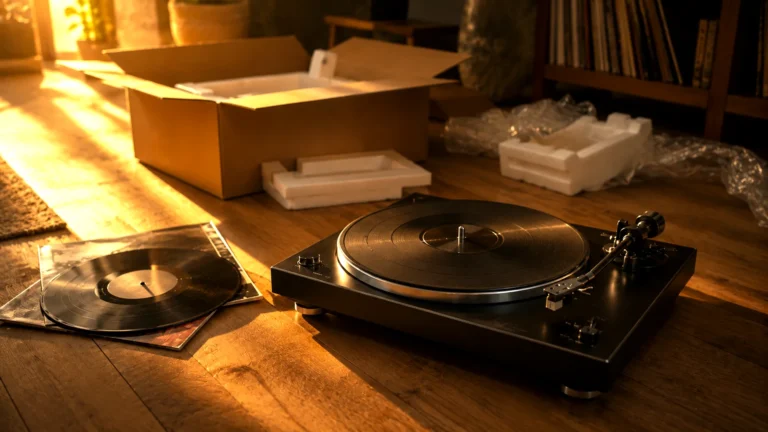 Platine vinyle noire déballée près de son carton de livraison et d'un disque