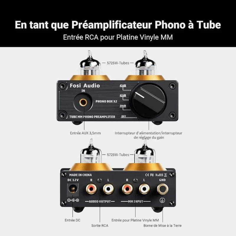 Façade et connectique du Fosi Audio Box X2 annotées : entrée AUX et gain à l'avant, RCA in/out, masse et alimentation 12V à l'arrière