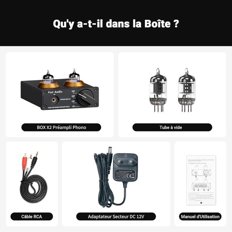 Contenu de la boîte du Fosi Audio Box X2 : préampli, paire de tubes, câble RCA, alimentation 12V et manuel