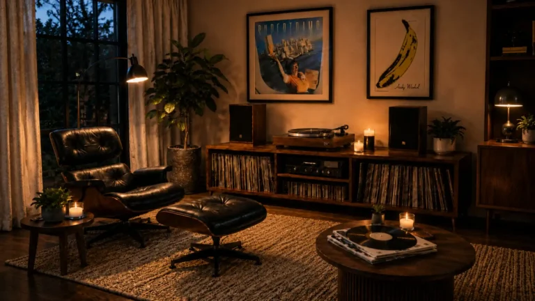 Coin vinyle cosy avec platine, meuble bas rempli de disques et enceintes