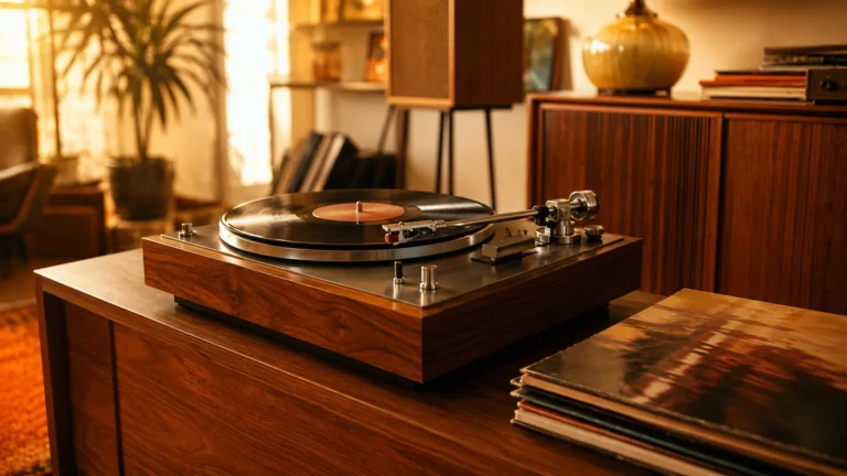 Platine vinyle vintage en bois dans un salon rétro chaleureux